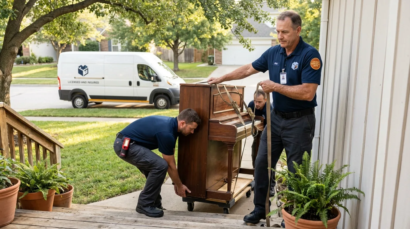 Licensed piano movers securing grand piano in Lynn Haven, FL