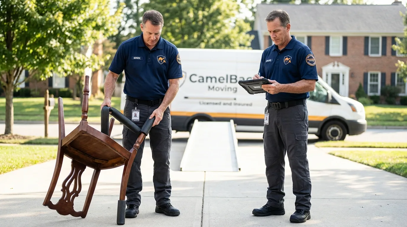 Movers inspecting furniture for damage prevention before loading in Lynn Haven, FL